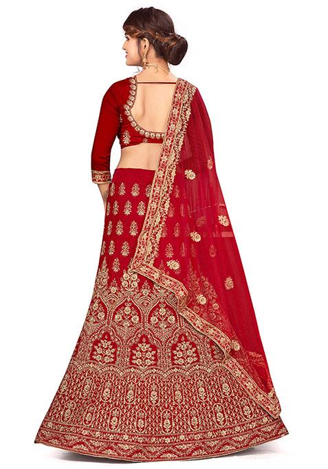 Red Embroidered Velvet Lehenga Set
