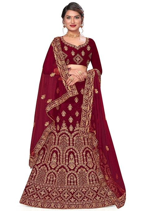 Maroon Embroidered Velvet Lehenga Set