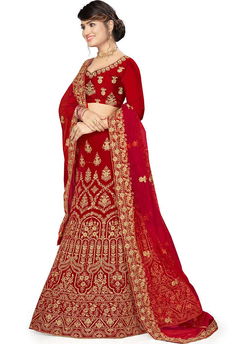 Red Embroidered Velvet Lehenga Set