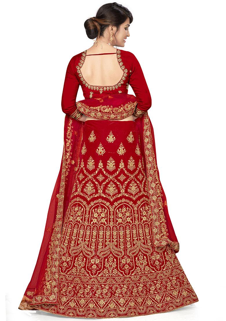 Red Embroidered Velvet Lehenga Set
