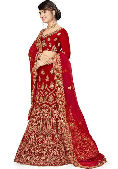 Red Embroidered Velvet Lehenga Set