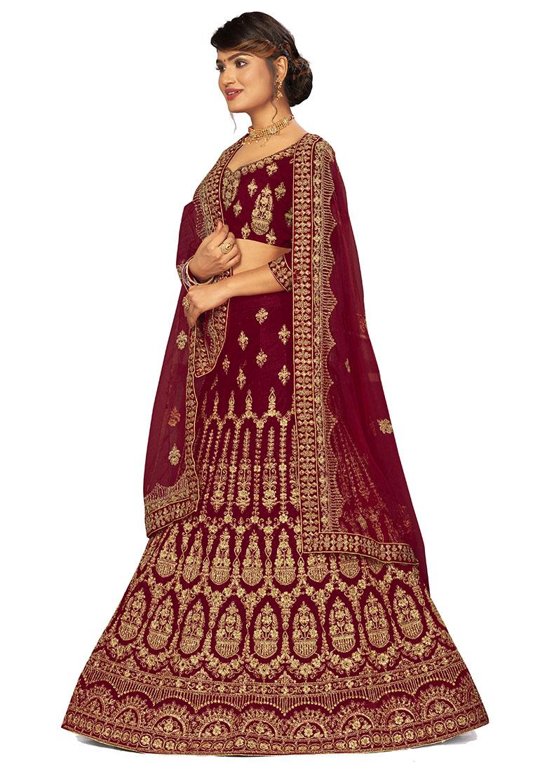 Maroon Embroidered Velvet Lehenga Set
