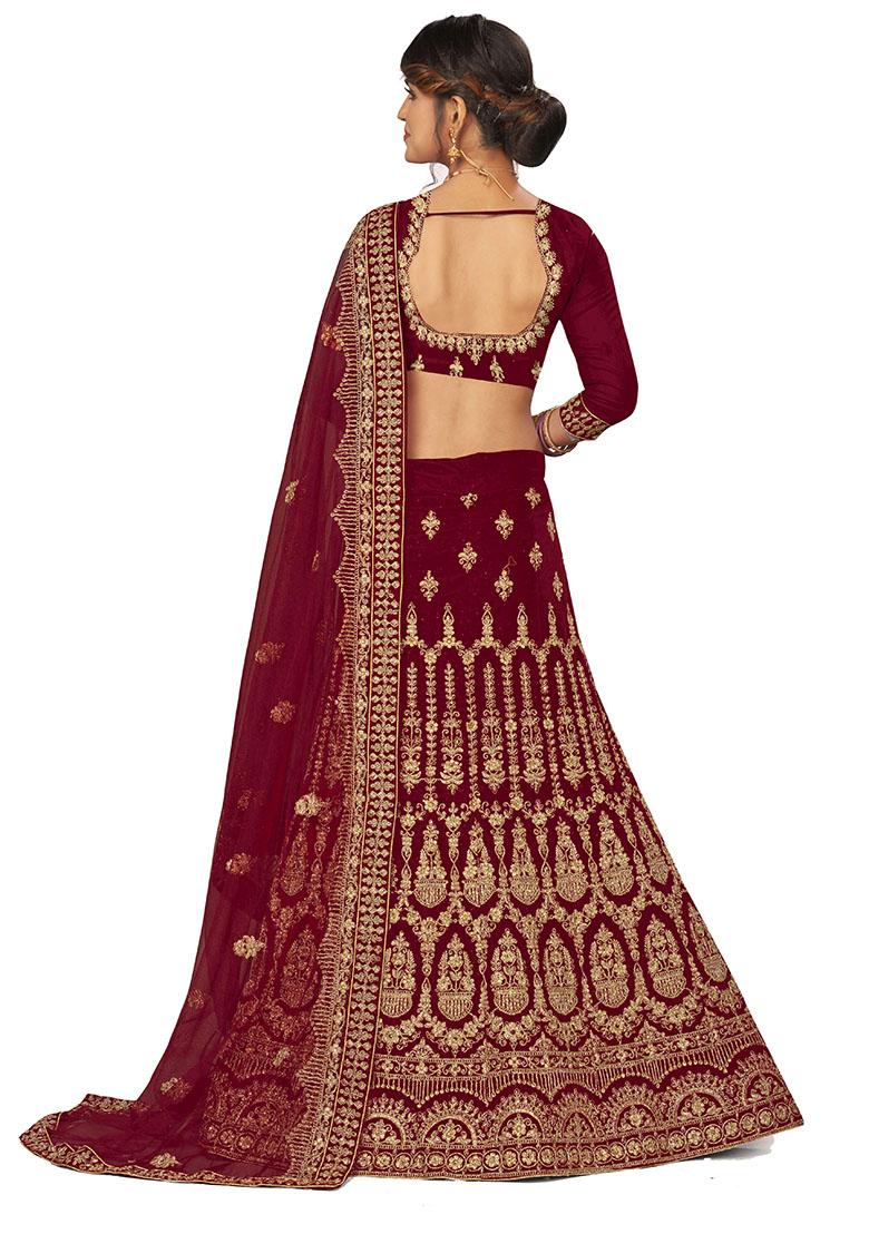 Maroon Embroidered Velvet Lehenga Set