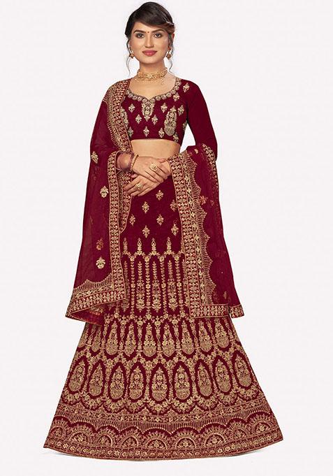 Maroon Embroidered Velvet Lehenga Set