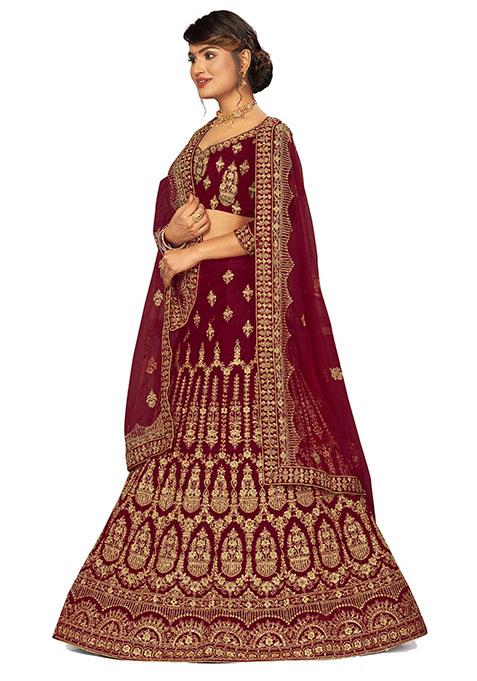 Maroon Embroidered Velvet Lehenga Set