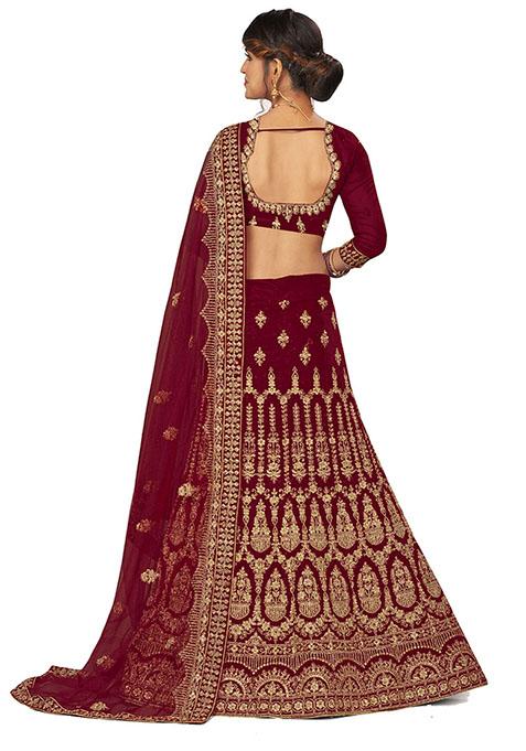 Maroon Embroidered Velvet Lehenga Set