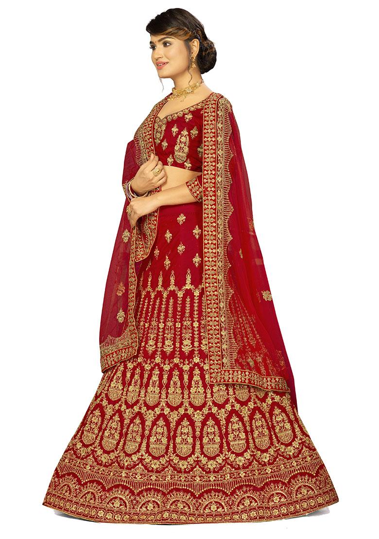Red Embroidered Velvet Lehenga Set