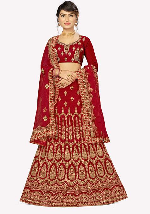 Red Embroidered Velvet Lehenga Set