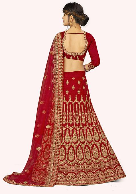 Red Embroidered Velvet Lehenga Set