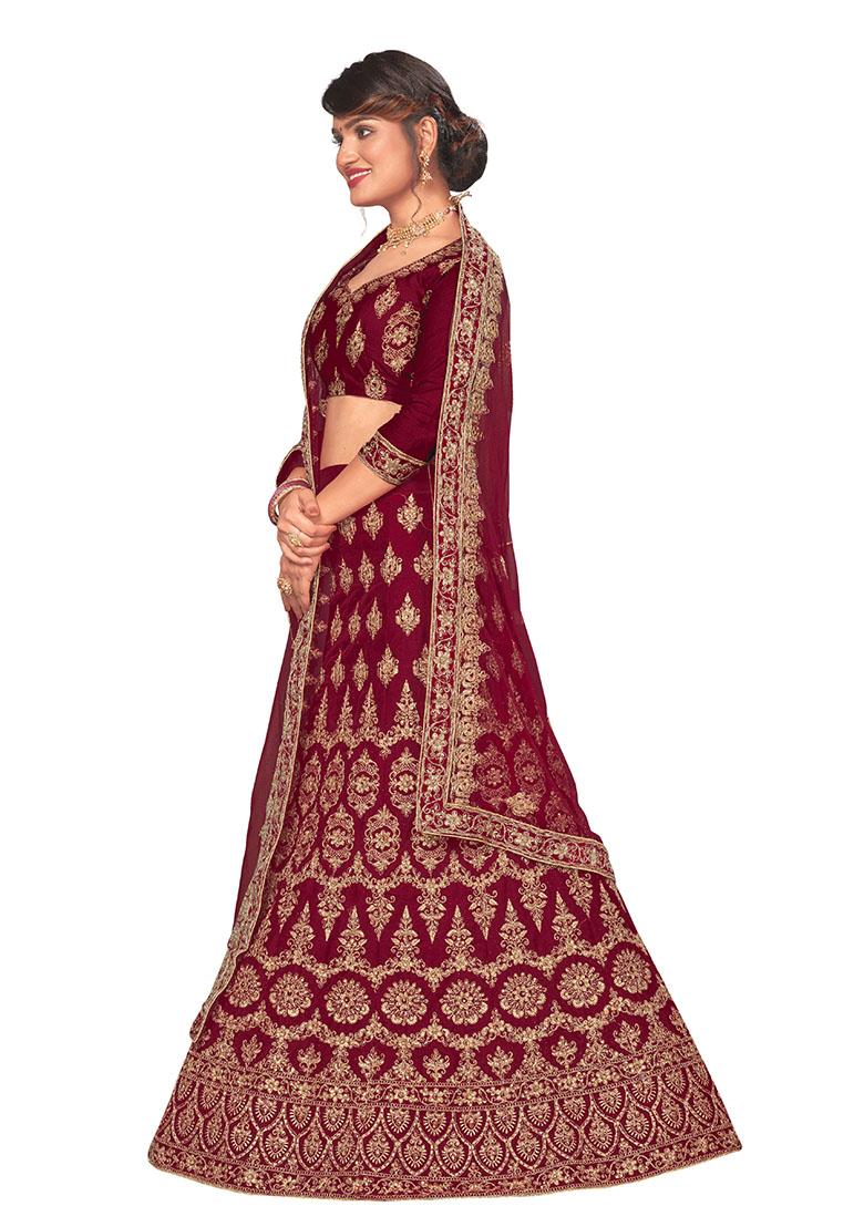 Maroon Embroidered Velvet Lehenga Set