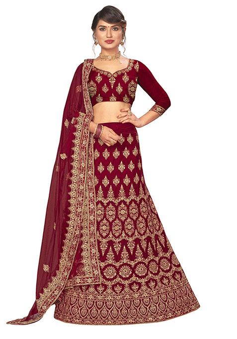 Maroon Embroidered Velvet Lehenga Set