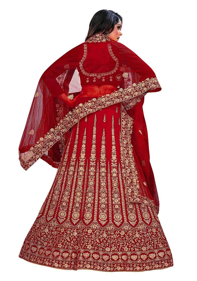 Maroon Zari Embroidered Velvet Lehenga Set - Indya