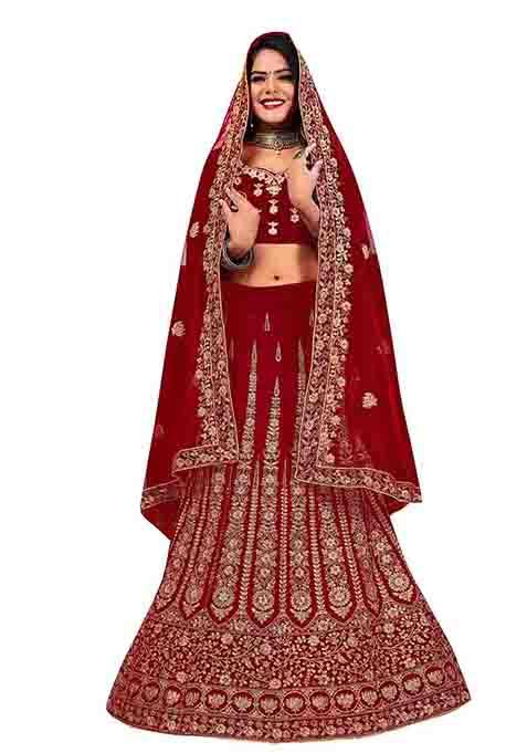 Maroon Zari Embroidered Velvet Lehenga Set