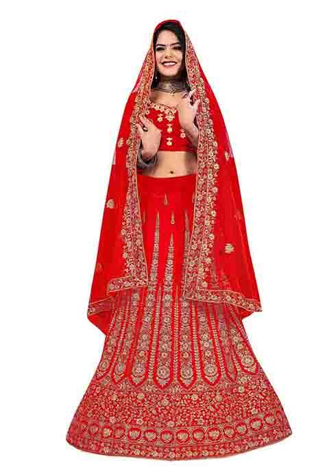 Red Zari Embroidered Velvet Lehenga Set