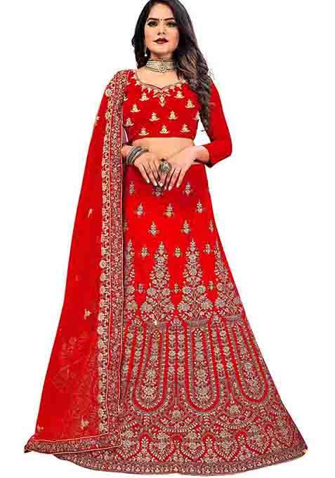 Red Zari Embroidered Velvet Lehenga Set