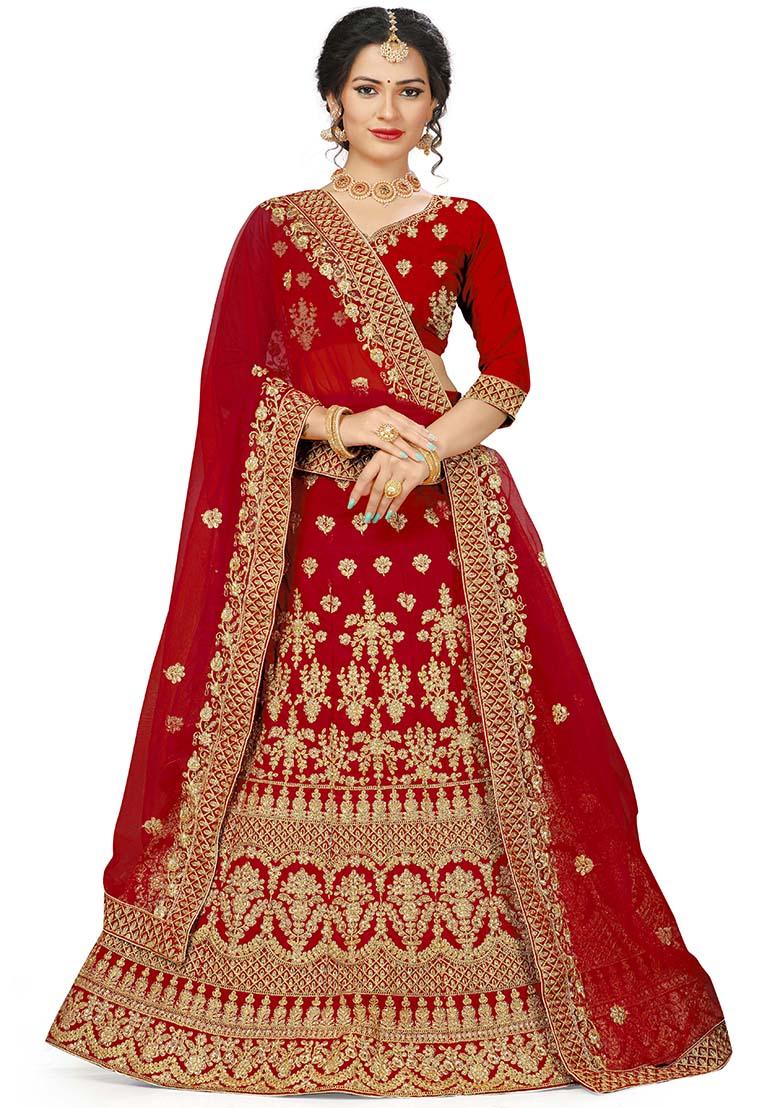 Red Embroidered Velvet Lehenga Set