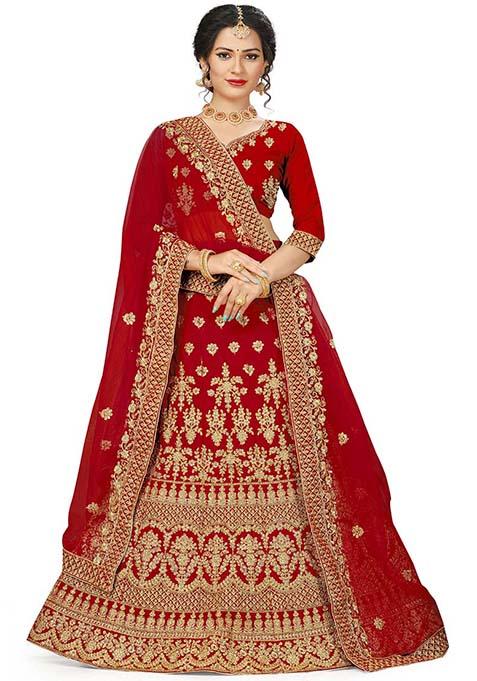 Red Embroidered Velvet Lehenga Set