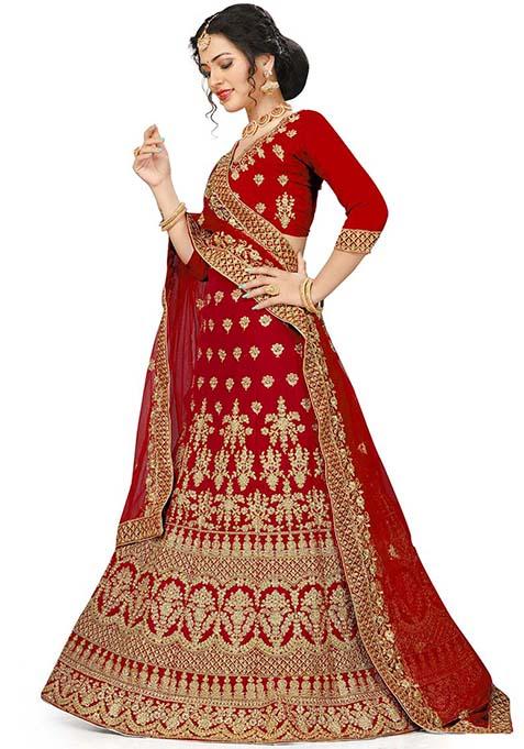 Red Embroidered Velvet Lehenga Set