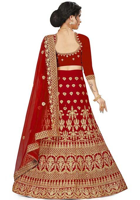 Red Embroidered Velvet Lehenga Set