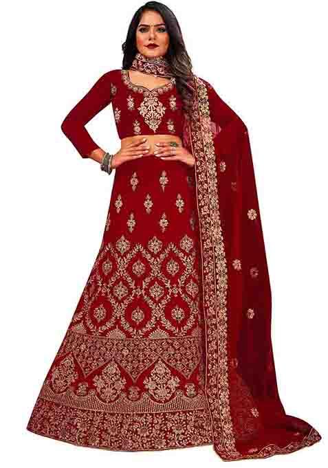 Maroon Zari Embroidered Velvet Lehenga Set