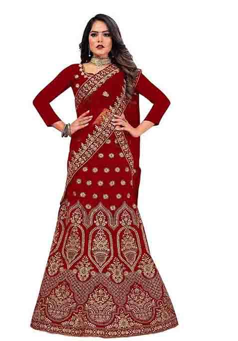 Maroon Zari Embroidered Velvet Lehenga Set