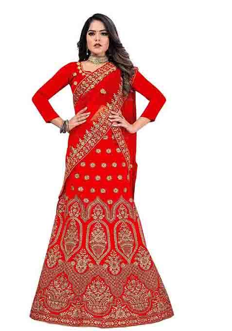 Red Zari Embroidered Velvet Lehenga Set