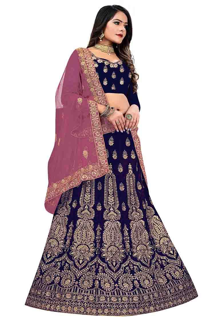 Blue Zari Embroidered Velvet Lehenga Set - Indya