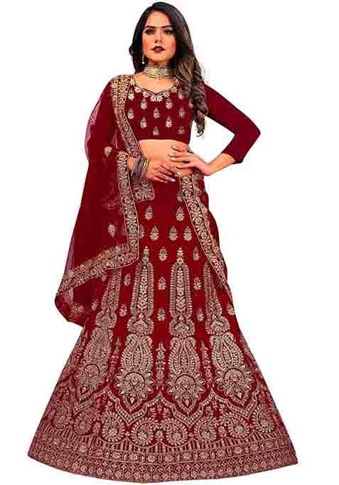 Maroon Zari Embroidered Velvet Lehenga Set