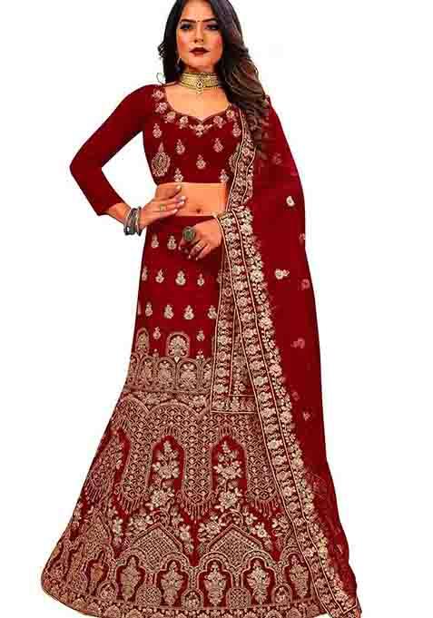 Maroon Zari Embroidered Velvet Lehenga Set