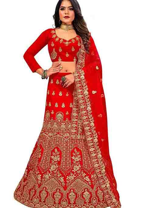 Red Zari Embroidered Velvet Lehenga Set