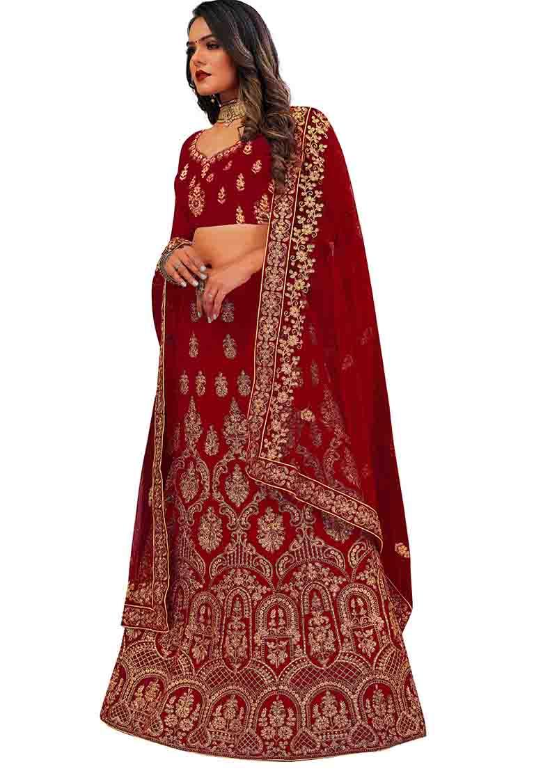 Maroon Zari Embroidered Velvet Lehenga Set