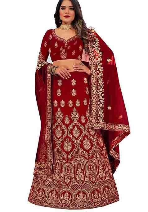 Maroon Zari Embroidered Velvet Lehenga Set