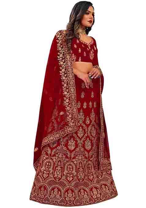 Maroon Zari Embroidered Velvet Lehenga Set