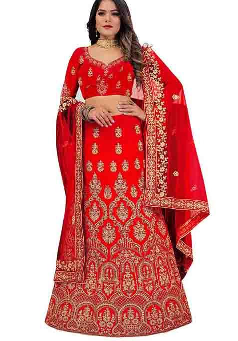 Red Zari Embroidered Velvet Lehenga Set