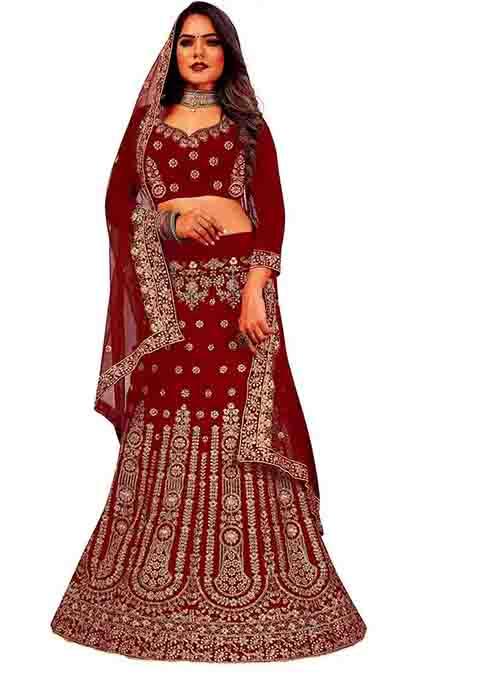 Maroon Zari Embroidered Velvet Lehenga Set