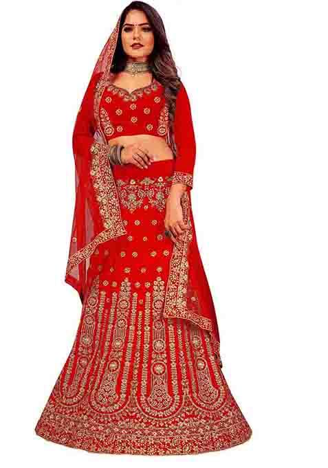 Red Zari Embroidered Velvet Lehenga Set