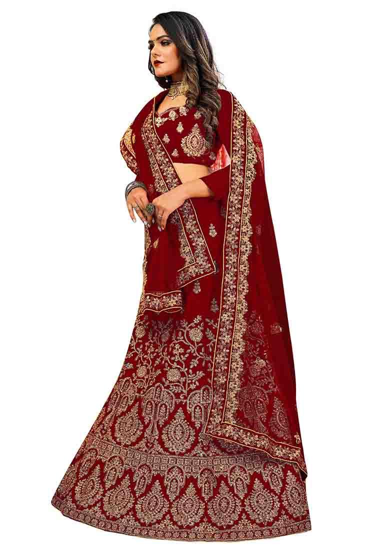 Maroon Zari Embroidered Velvet Lehenga Set - Indya
