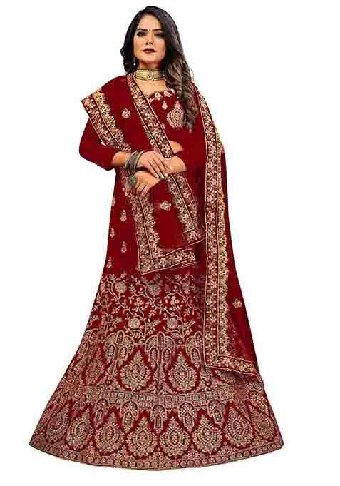 Maroon Zari Embroidered Velvet Lehenga Set