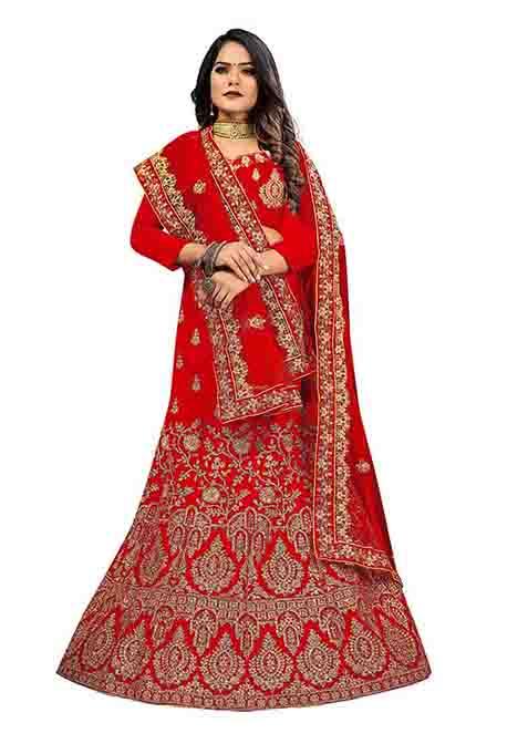 Red Zari Embroidered Velvet Lehenga Set