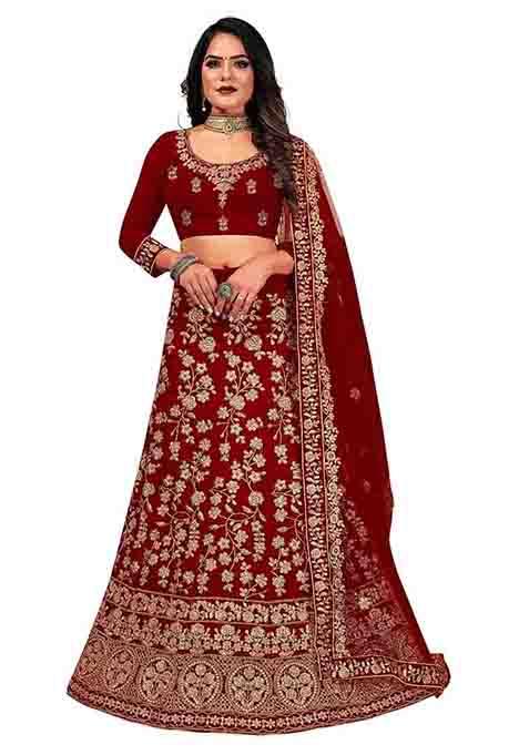 Maroon Zari Embroidered Velvet Lehenga Set