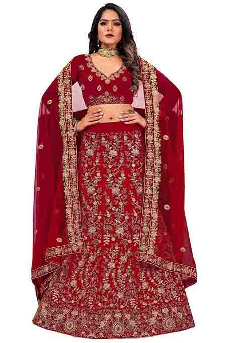 Maroon Zari Embroidered Velvet Lehenga Set