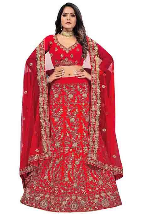 Red Zari Embroidered Velvet Lehenga Set