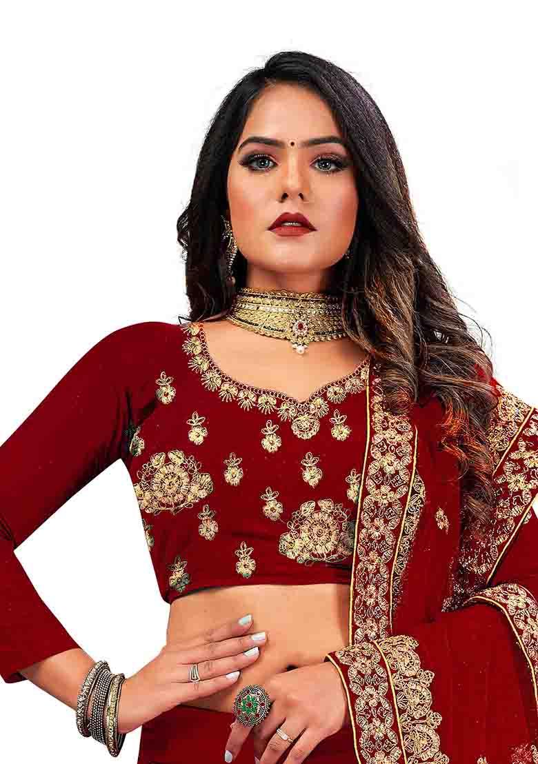 Maroon Zari Embroidered Velvet Lehenga Set - Indya