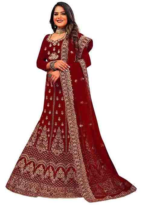 Maroon Zari Embroidered Velvet Lehenga Set