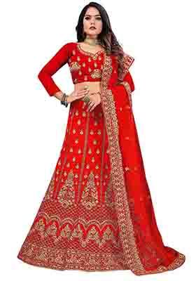 Red Zari Embroidered Velvet Lehenga Set