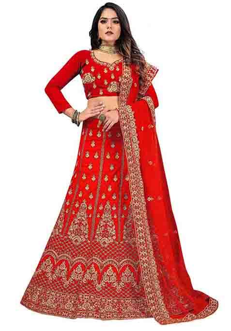 Red Zari Embroidered Velvet Lehenga Set