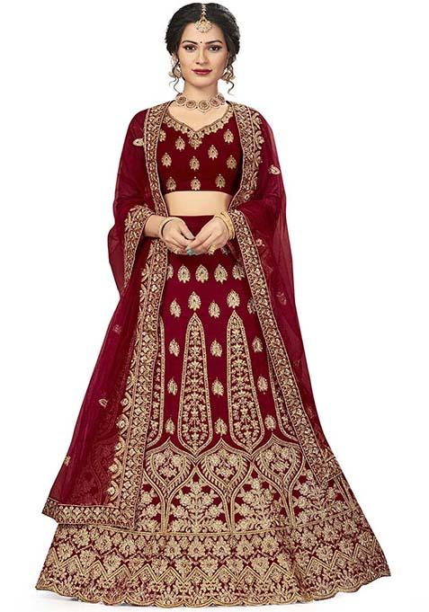 Maroon Embroidered Velvet Lehenga Set