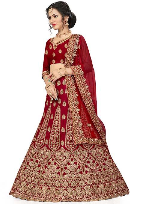 Red Embroidered Velvet Lehenga Set