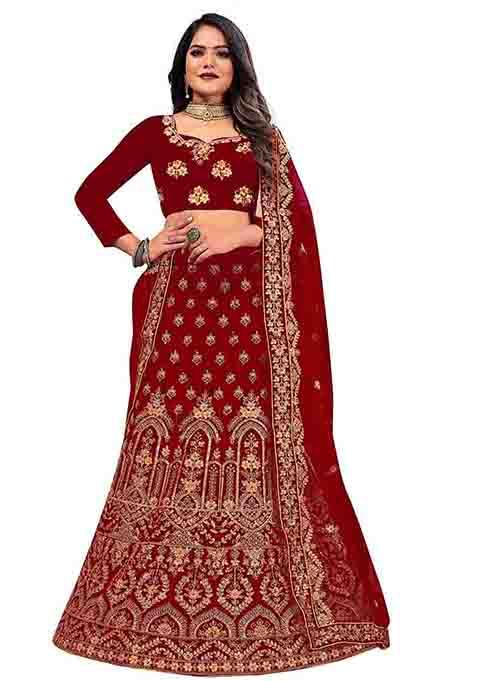 Maroon Zari Embroidered Velvet Lehenga Set