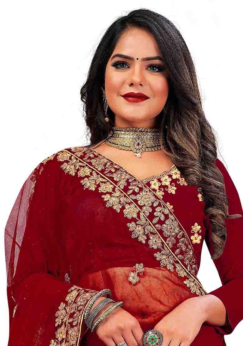 Maroon Zari Embroidered Velvet Lehenga Set - Indya